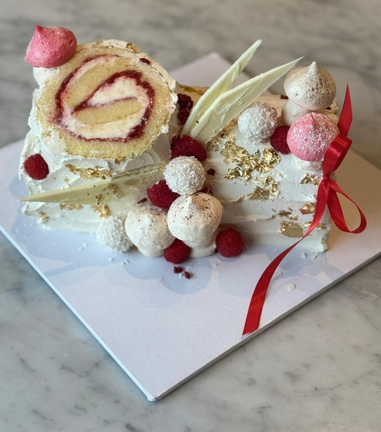 Raspberry White Chocolate Buche de Noel Cake