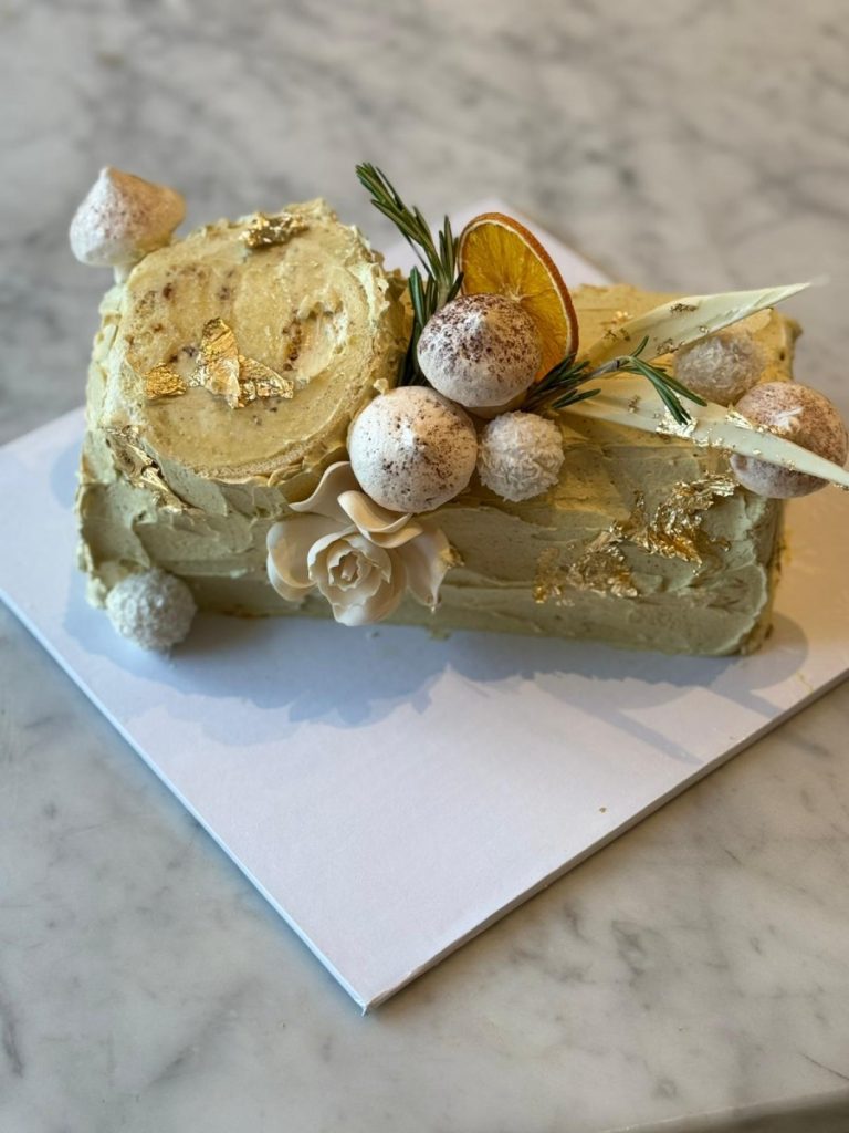 Pistachio Vanilla Buche de Noel Cake